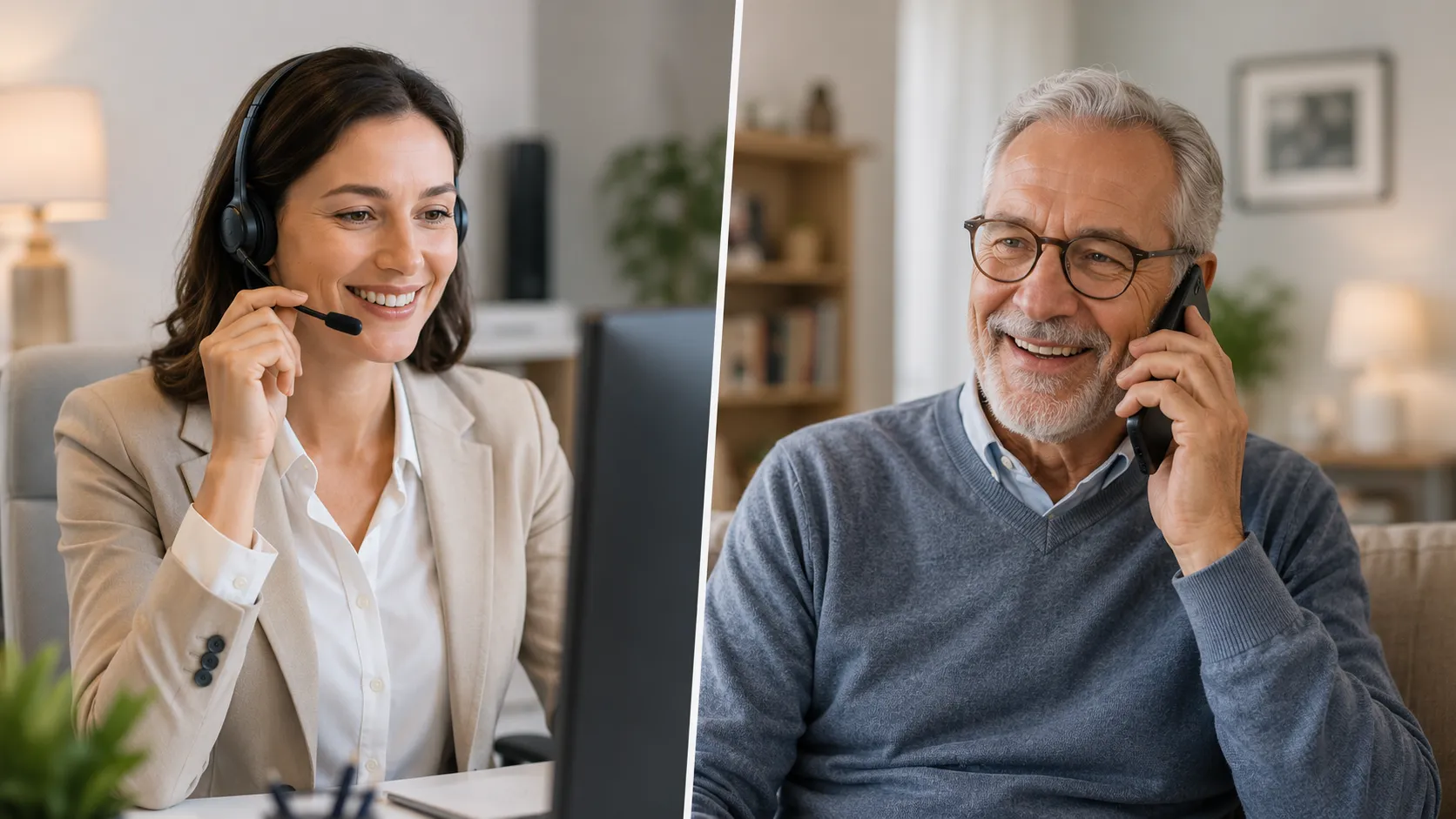 Une conseillère échange par téléphone avec un senior