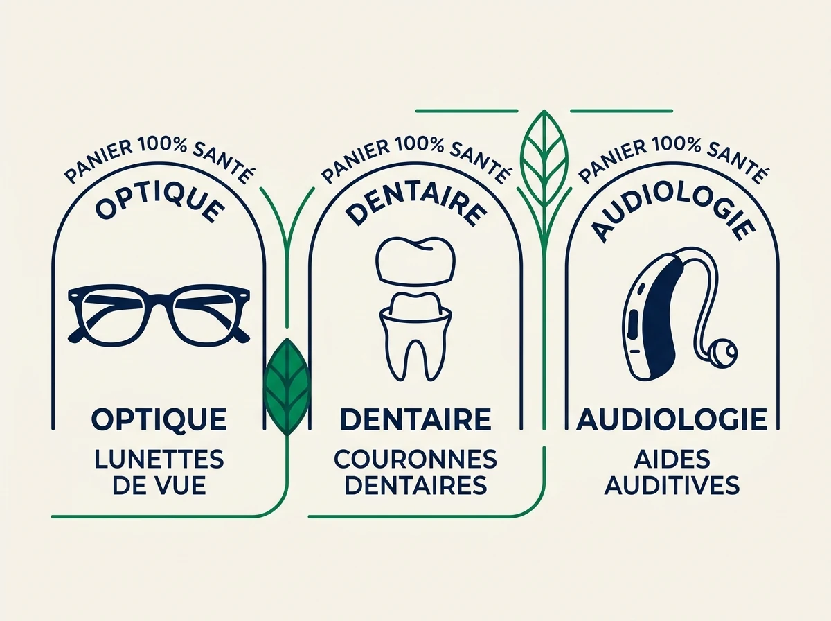 Infographie : Le panier 100% Santé sans reste à charge en Optique, Dentaire et Audition